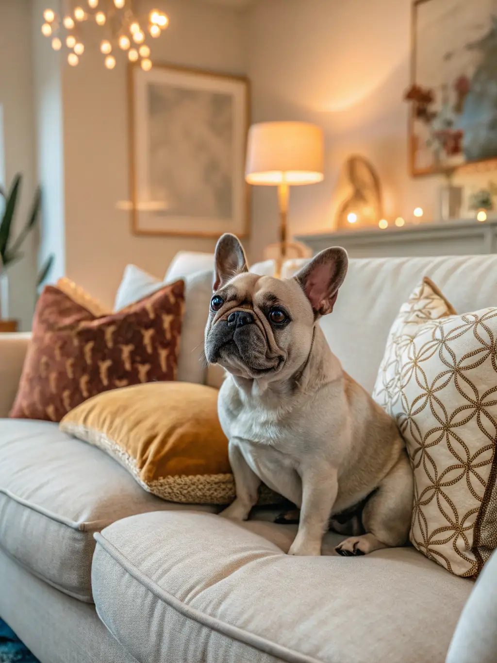 French Bulldog κάθεται σε καναπέ και κοιτάζει με παιχνιδιάρικη έκφραση