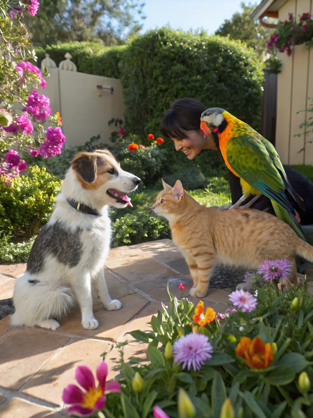 A diverse group of pets (dog, cat, bird) interacting peacefully, representing general pet topics.