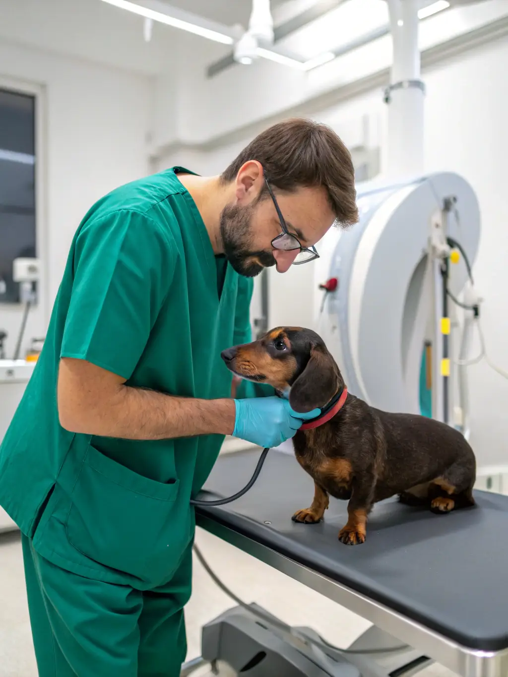 A veterinarian examining a dog, symbolizing pet health.