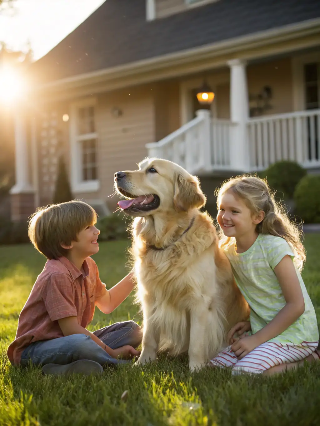 Golden Retriever με χρυσαφένιο τρίχωμα, κάθεται ήρεμα και κοιτάζει με στοργή