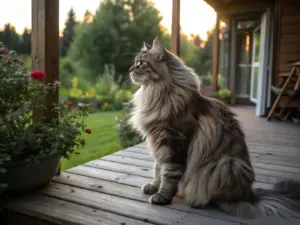 Maine Coon γάτα με πλούσιο τρίχωμα καθισμένη στο σπίτι