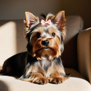 Yorkshire Terrier με μεταξένιο τρίχωμα σε καναπέ
