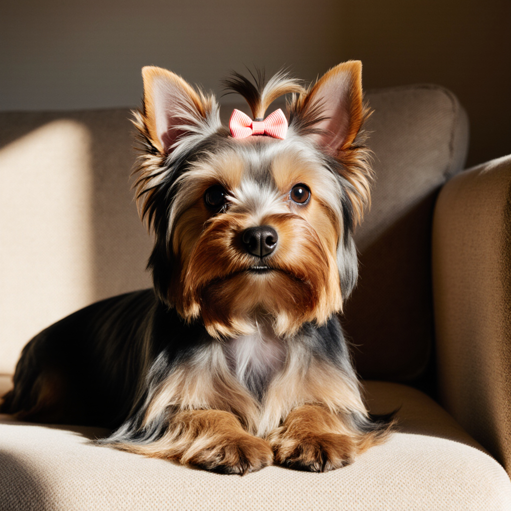 Yorkshire Terrier με μεταξένιο τρίχωμα σε καναπέ