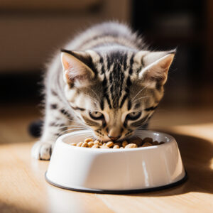 Γατάκι τρώει ειδική kitten τροφή σε μπολ
