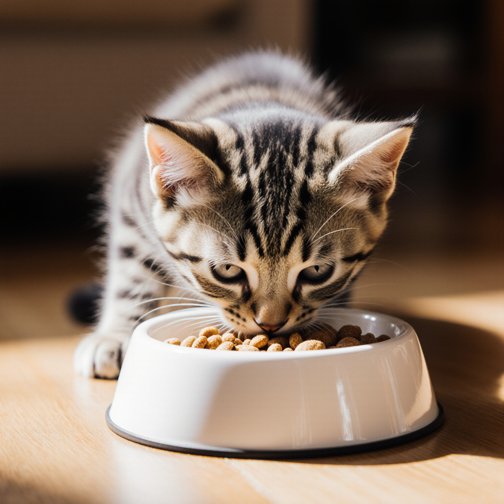 Γατάκι τρώει ειδική kitten τροφή σε μπολ