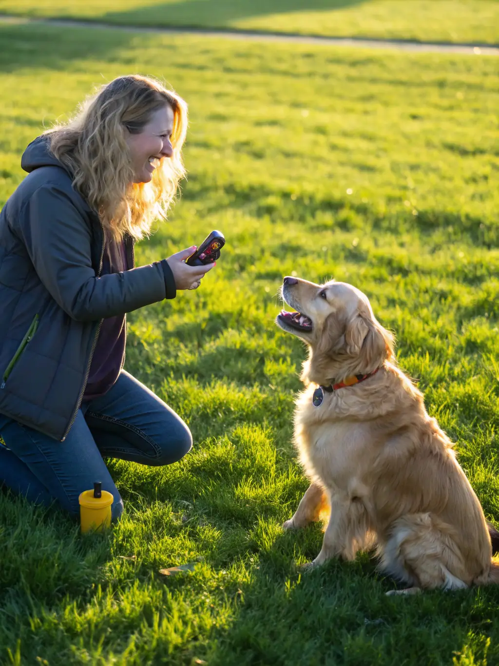 A photo of a person training a dog in a park, showcasing real-world experience and practical application of pet care techniques.