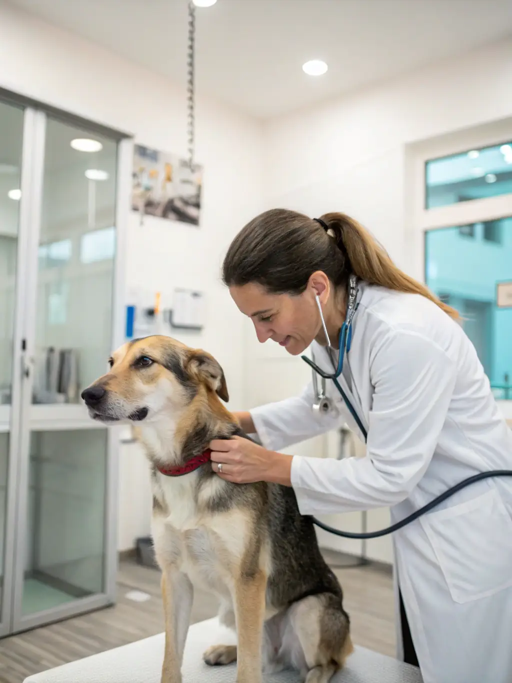 A close-up shot of a veterinarian gently examining a dog, with a warm and reassuring expression, symbolizing Pawthentic's commitment to honest and ethical pet care.